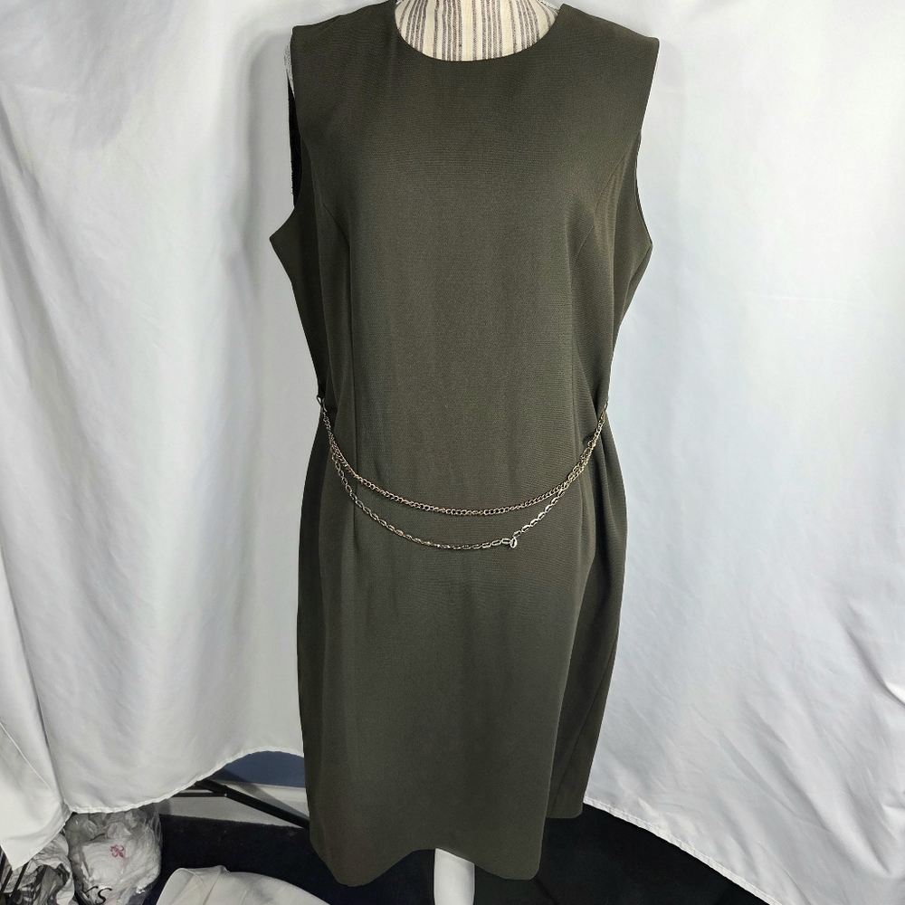 Studio I Vintage Look 60s/70s Style Olive Sleeveless Dress w/Front Chain Size 14